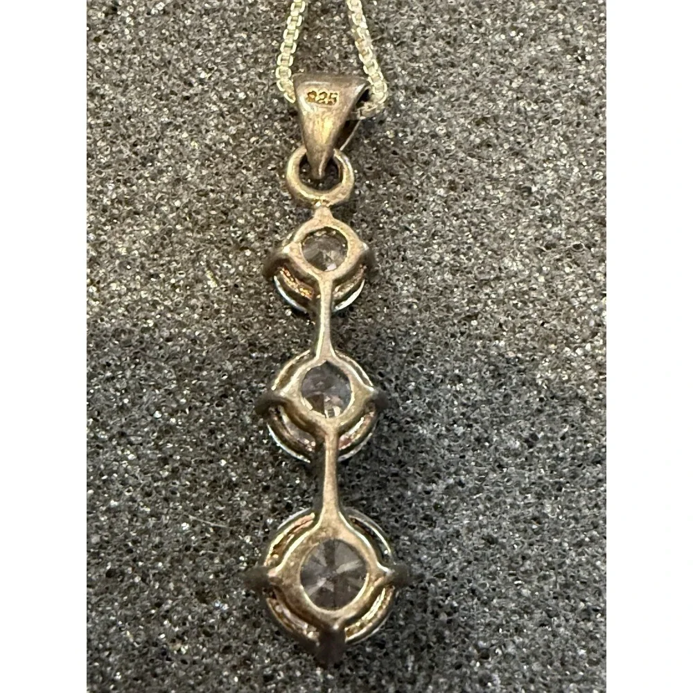 Tri Cubic Zirconia Drop Graduated Sterling Silver 925 Pendant Chain Necklace 18